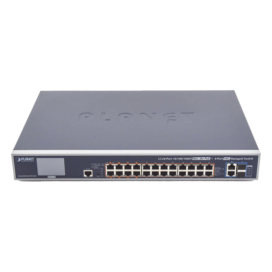 Switch Administrable L3, 24 puertos Gigabit PoE 802.3bt, 2 puertos 10G SFP+, Pantalla Tactil, Fuente Redundante, (600W)
