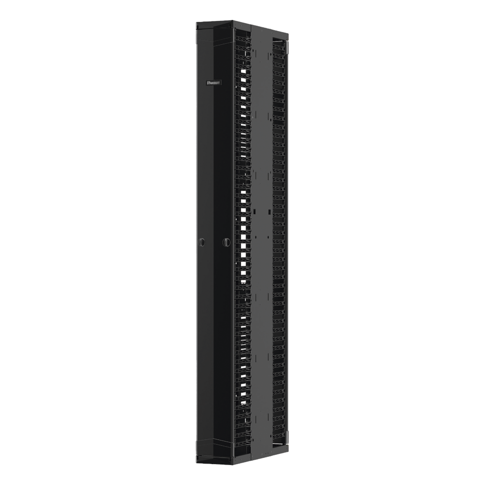 Organizador Vertical PatchRunner™ Mejorado, Doble (Frontal y Posterior), Para Rack Abierto de 45 Unidades, 12in de Ancho, Color Negro