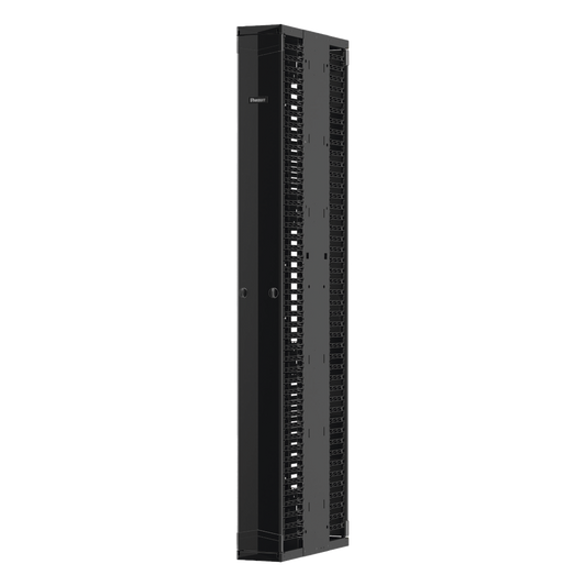 Organizador Vertical PatchRunner™ Mejorado, Doble (Frontal y Posterior), Para Rack Abierto de 45 Unidades, 12in de Ancho, Color Negro