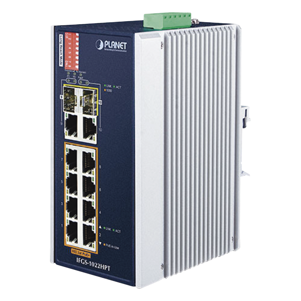 Switch Industrial PoE no administrable de 8 Puertos 10/100TX 802.3at,  Hasta 240 W, Combo TP / SFP Gigabit TP / SFP  (-40 ~ 75 grados C)