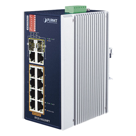 Switch Industrial PoE no administrable de 8 Puertos 10/100TX 802.3at,  Hasta 240 W, Combo TP / SFP Gigabit TP / SFP  (-40 ~ 75 grados C)