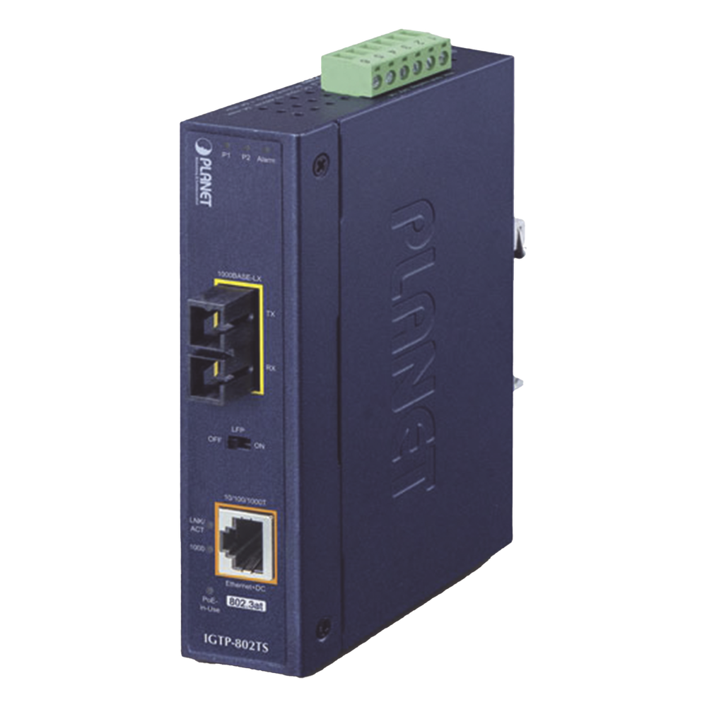 Convertidor de Medios Industrial PoE+ 1000BASE-LX a 10/100/1000BASE-T 802.3at (SC,SM) -20 km