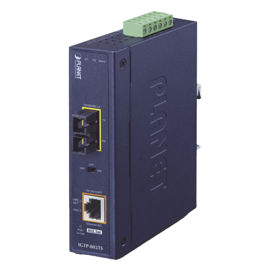 Convertidor de Medios Industrial PoE+ 1000BASE-LX a 10/100/1000BASE-T 802.3at (SC,SM) -20 km