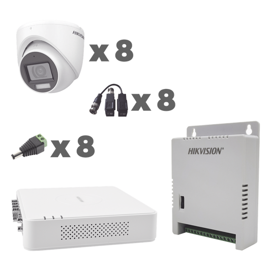 KIT TurboHD 1080p / DVR 8 Canales con audio por coaxitron / 8 Cámaras con Micrófono Integrado 101° Visión/  luz blanca + IR visión nocturna  / Transceptores / Conectores / Fuente de Poder Profesional