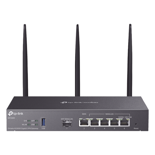 Router Omada VPN / SDN Multi-WAN Gigabit / 1 Puerto WAN SFP Gigabit / 1 Puerto WAN RJ45 Gigabit / 2 Puertos LAN RJ45 Gigabit / 2 Puertos Configurables LAN/WAN / 150,000 Sesiones Concurrentes / Administración Centralizada Omada o Stand-Alone