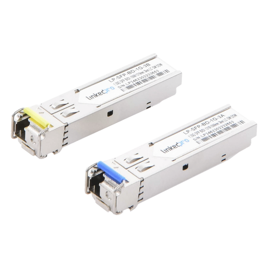 Transceptores Ópticos Bidireccionales SFP (Mini-Gbic) / Monomodo 1310 & 1550 nm / 1.25 Gbps / 1000BASE-BX / Conector LC/UPC Simplex / DDM / Hasta 3 km / 2 Piezas