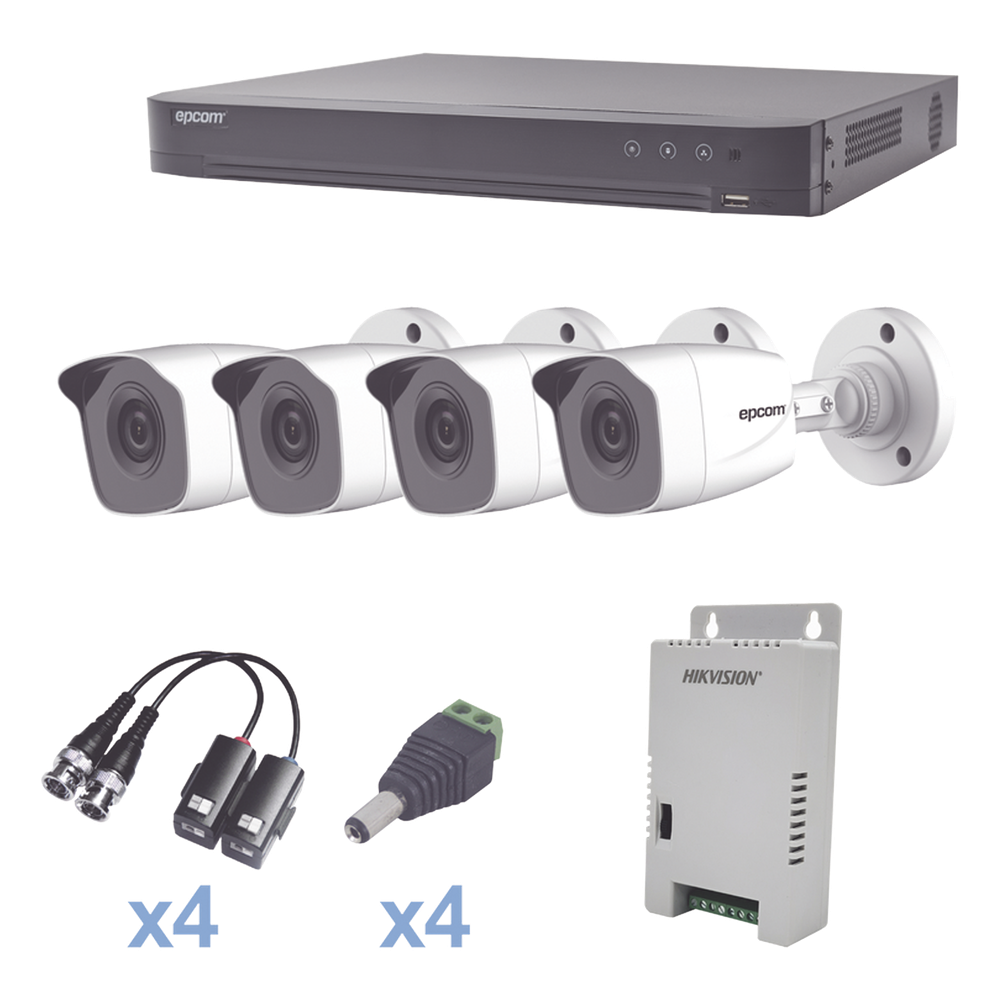 KIT TurboHD 1080p / DVR 4 Canales / 4 Cámaras Bala Metálicas (exterior 2.8 mm) / Transceptores / Conectores / Fuente de Poder Profesional