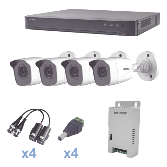 KIT TurboHD 1080p / DVR 4 Canales / 4 Cámaras Bala Metálicas (exterior 2.8 mm) / Transceptores / Conectores / Fuente de Poder Profesional
