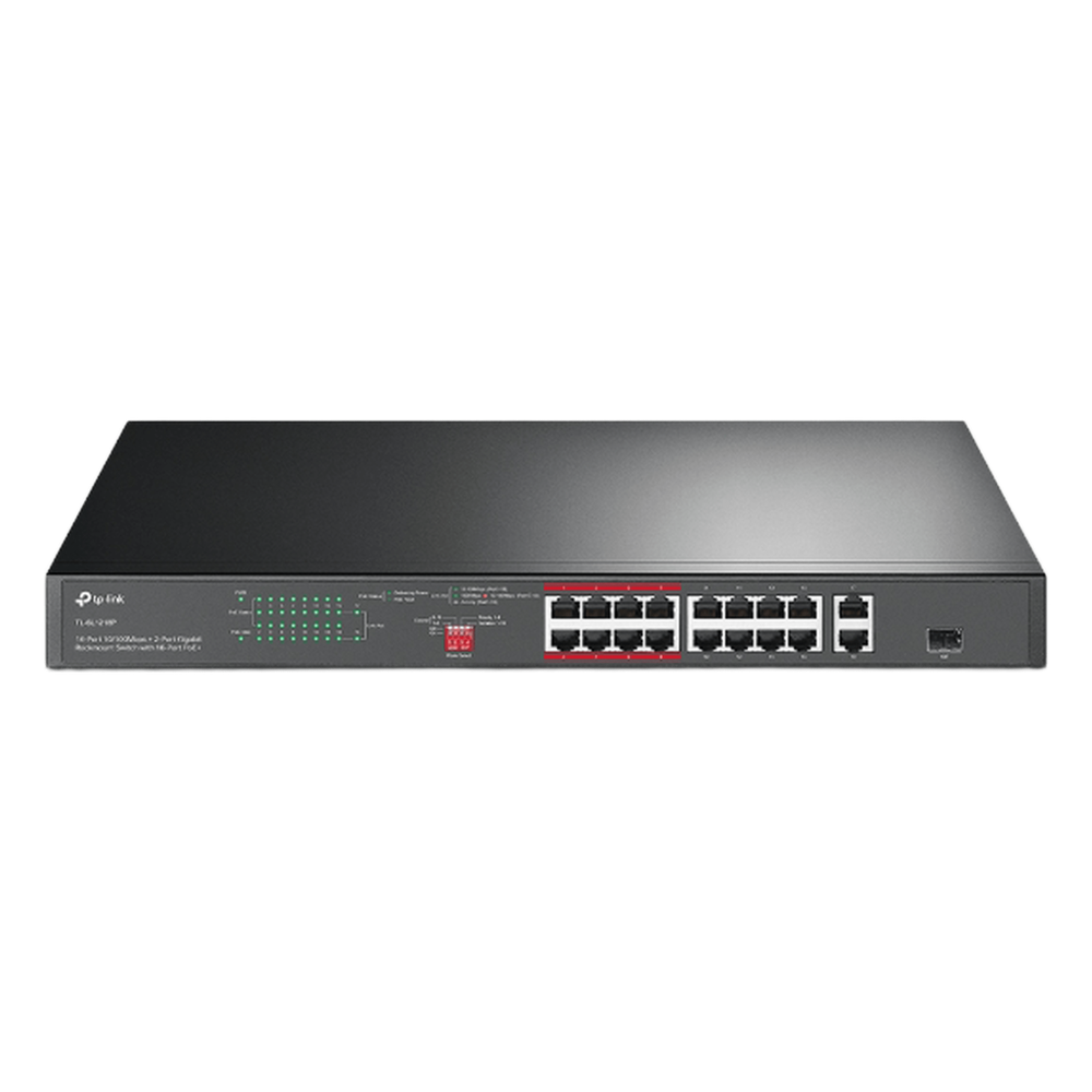 Switch PoE+ no Administrable 16 puertos 10/100 Mbps + 2 puertos 10/100/1000 Mbps + 1 puerto SFP, 8 puertos Extensor PoE (hasta 250 m), 150W, diseño para Vigilancia IP