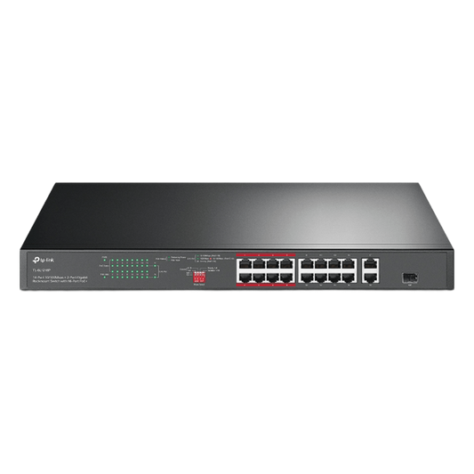 Switch PoE+ no Administrable 16 puertos 10/100 Mbps + 2 puertos 10/100/1000 Mbps + 1 puerto SFP, 8 puertos Extensor PoE (hasta 250 m), 150W, diseño para Vigilancia IP