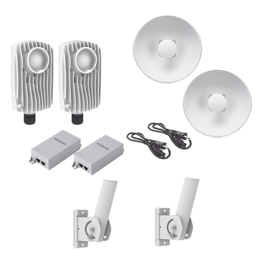 Kit de 2 radios C6X con 2 antenas de (25 dBi), rango de frecuencia extendida (5.1 a 6.4 GHz),  incluye inyector POE, cable de alimentación y 2 FLEXIMOUNT-XL para alineación