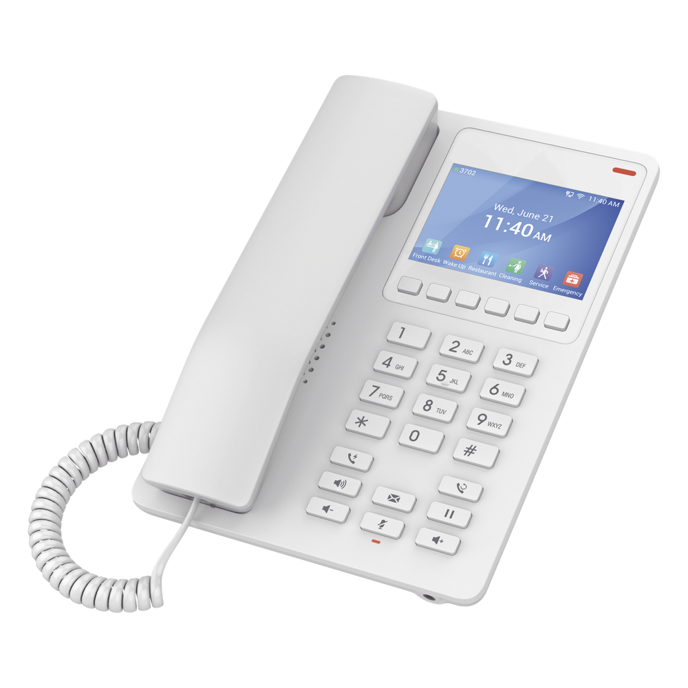 Teléfono IP Hotelero con pantalla LCD a color, 2 líneas SIP con 2 cuentas, codec Opus, IPV4/IPV6, color blanco, con gestión en la nube GDMS
