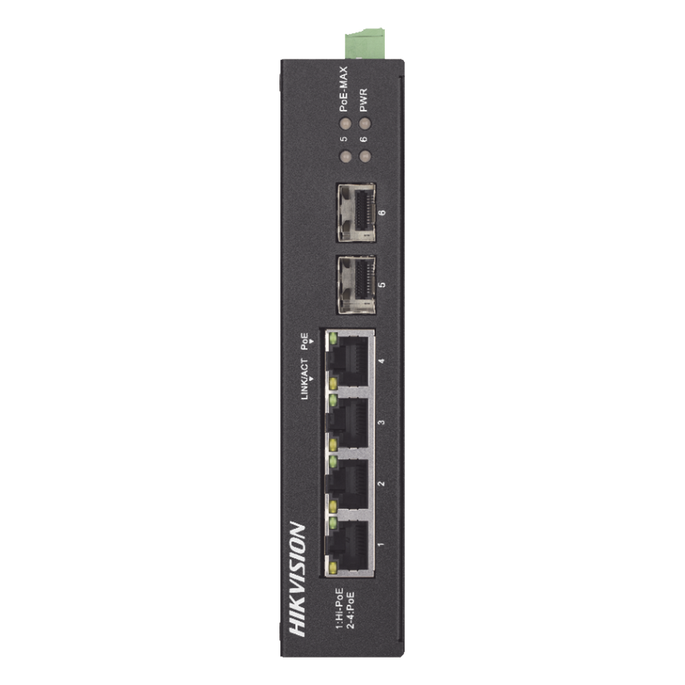 Switch Industrial No Administrable Gigabit / 3 Puertos Gigabit PoE+ (30 W) + 1 Puerto Gigabit PoE++ (60 W) / 2 Puertos SFP / 65 W Total / 48 a 57 VCD / Ideal para Proyectos / 300 Metros de Distancia