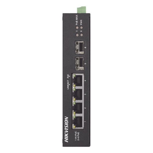 Switch Industrial No Administrable Gigabit / 3 Puertos Gigabit PoE+ (30 W) + 1 Puerto Gigabit PoE++ (60 W) / 2 Puertos SFP / 65 W Total / 48 a 57 VCD / Ideal para Proyectos / 300 Metros de Distancia