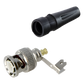 Conector BNC macho en 75 Ohm, para cable coaxial RG-59 / Con base de alivio negra de PVC, Níquel/ Oro/ PTFE.