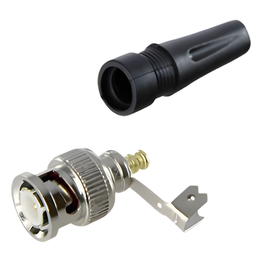 Conector BNC macho en 75 Ohm, para cable coaxial RG-59 / Con base de alivio negra de PVC, Níquel/ Oro/ PTFE.