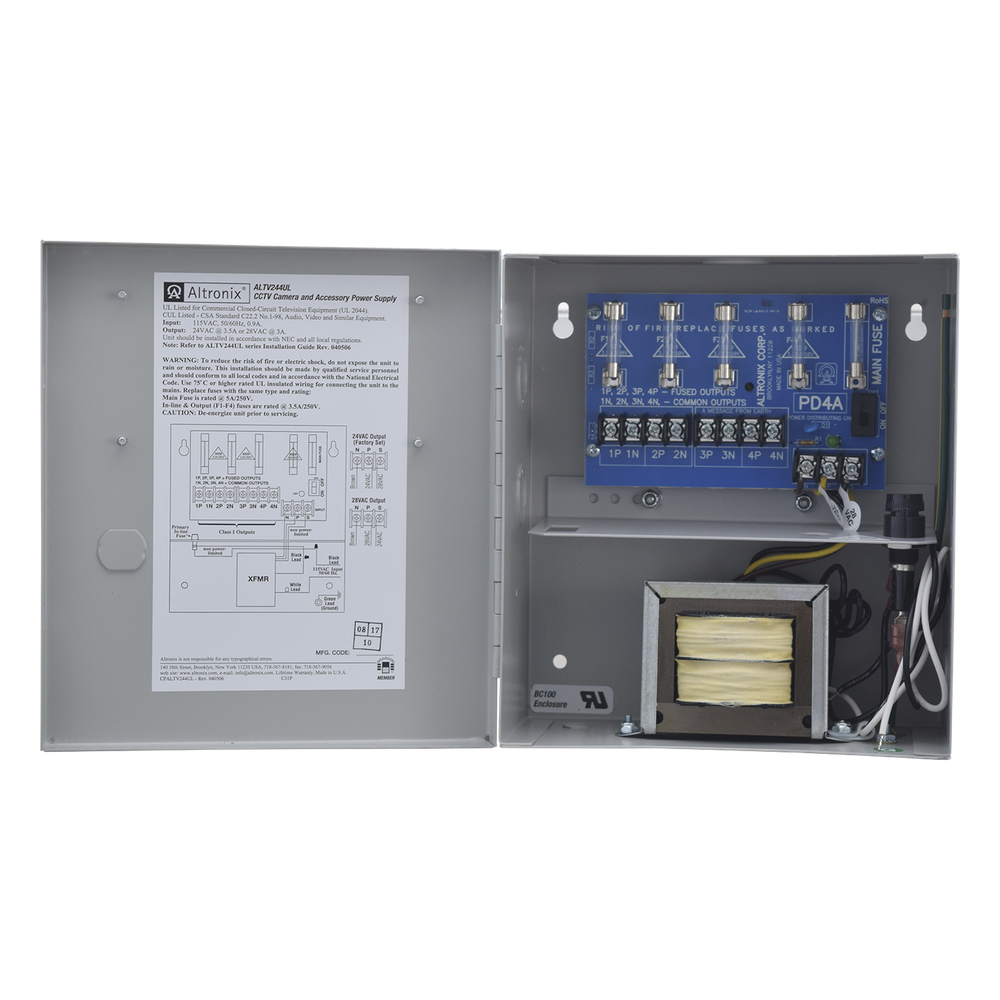 Fuente de poder ALTRONIX de 24 Vca @ 3.5 Amper o 28 Vca @ 3.0 Amper, para 4 cámaras, Con voltaje de entrada de 115 Vca,