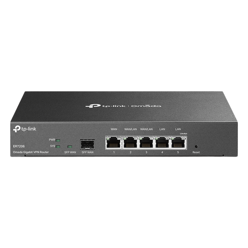 Router Omada VPN / SDN Multi-WAN Gigabit / 1 Puerto WAN SFP Gigabit / 1 Puerto WAN RJ45 Gigabit / 2 Puertos LAN RJ45 Gigabit / 2 Puertos Configurables LAN/WAN / 150,000 Sesiones Concurrentes / Administración Centralizada Omada o Stand-Alone