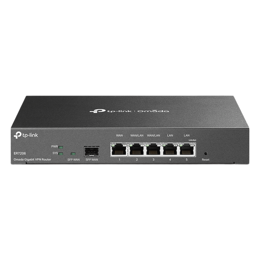 Router Omada VPN / SDN Multi-WAN Gigabit / 1 Puerto WAN SFP Gigabit / 1 Puerto WAN RJ45 Gigabit / 2 Puertos LAN RJ45 Gigabit / 2 Puertos Configurables LAN/WAN / 150,000 Sesiones Concurrentes / Administración Centralizada Omada o Stand-Alone
