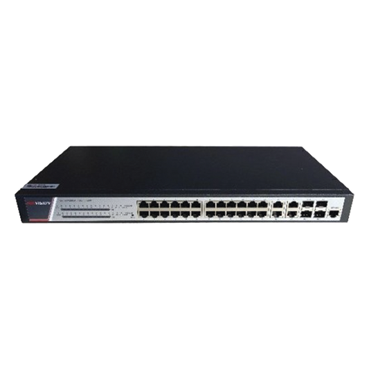Switch Gigabit PoE+ / Administrable / 24 Puertos 1000 Mbps PoE+ / 4 Puertos 1000 Mbps + 4 Puertos SFP de Uplink / 370 Watts / Soporta IGMP