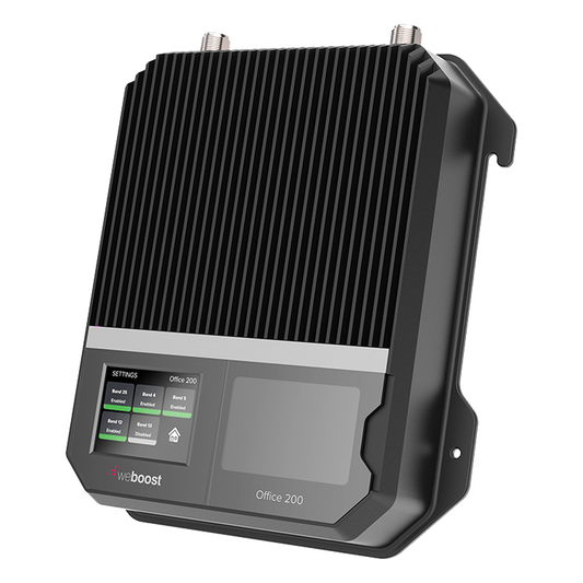 Amplificador Office 200 para 4G, 3G, 2G y llamada VoLTE y convencional. Especial para personalizarlo con antenas, cables y accesorios de acuerdo al requerimiento de la instalación. Puede cubrir en interior áreas de hasta 1600 m² con 4 a