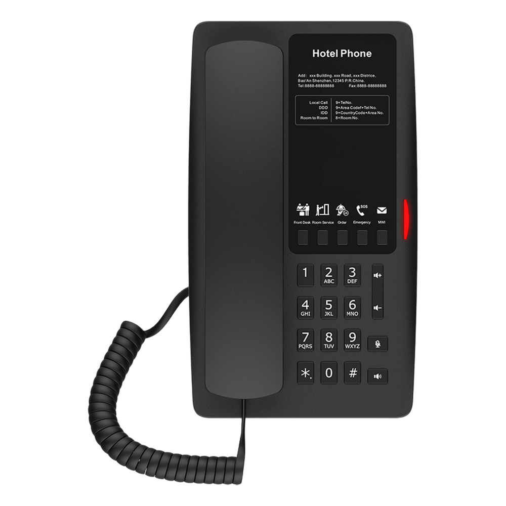 Teléfono IP Hotelero / 2 Líneas SIP / 5 Teclas Programables / Puerto USB-A de Carga / PoE 802.3af / Ethernet 10/100 / Audio HD Manos Libres