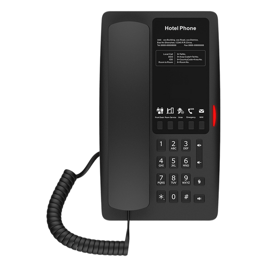 Teléfono IP Hotelero / 2 Líneas SIP / 5 Teclas Programables / Puerto USB-A de Carga / PoE 802.3af / Ethernet 10/100 / Audio HD Manos Libres