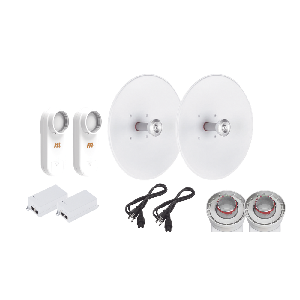 Enlace completo de 2 radios C5X con antenas UD-TP-27 (27 dBi), rango de frecuencia extendida (5.1 a 6.4 GHz),  incluye inyector POE y cable de alimentación y adaptador para la antena
