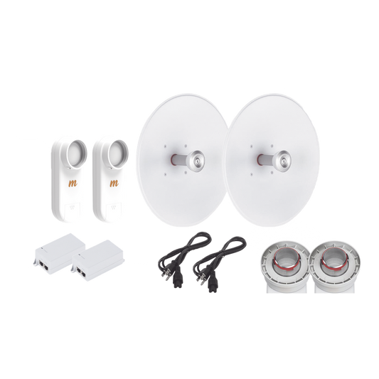 Enlace completo de 2 radios C5X con antenas UD-TP-27 (27 dBi), rango de frecuencia extendida (5.1 a 6.4 GHz),  incluye inyector POE y cable de alimentación y adaptador para la antena