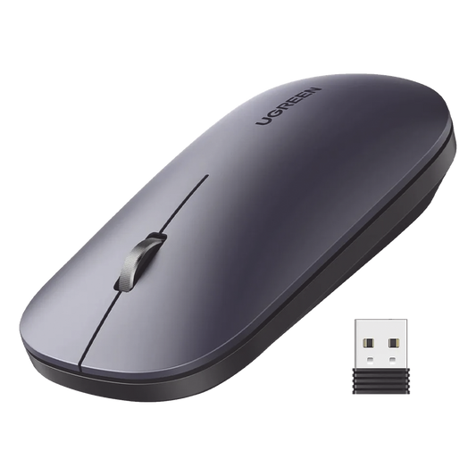 Mouse inalámbrico 2.4 GHz | Ultra Delgado y Silencioso | DPI 1000/1600/2000/4000 (Ajustable)  | Alcance 10m | Scroll de Aluminio | Adaptable a diferentes superficies | Diseño suave al tacto | Contiene Receptor USB | Color Negro.