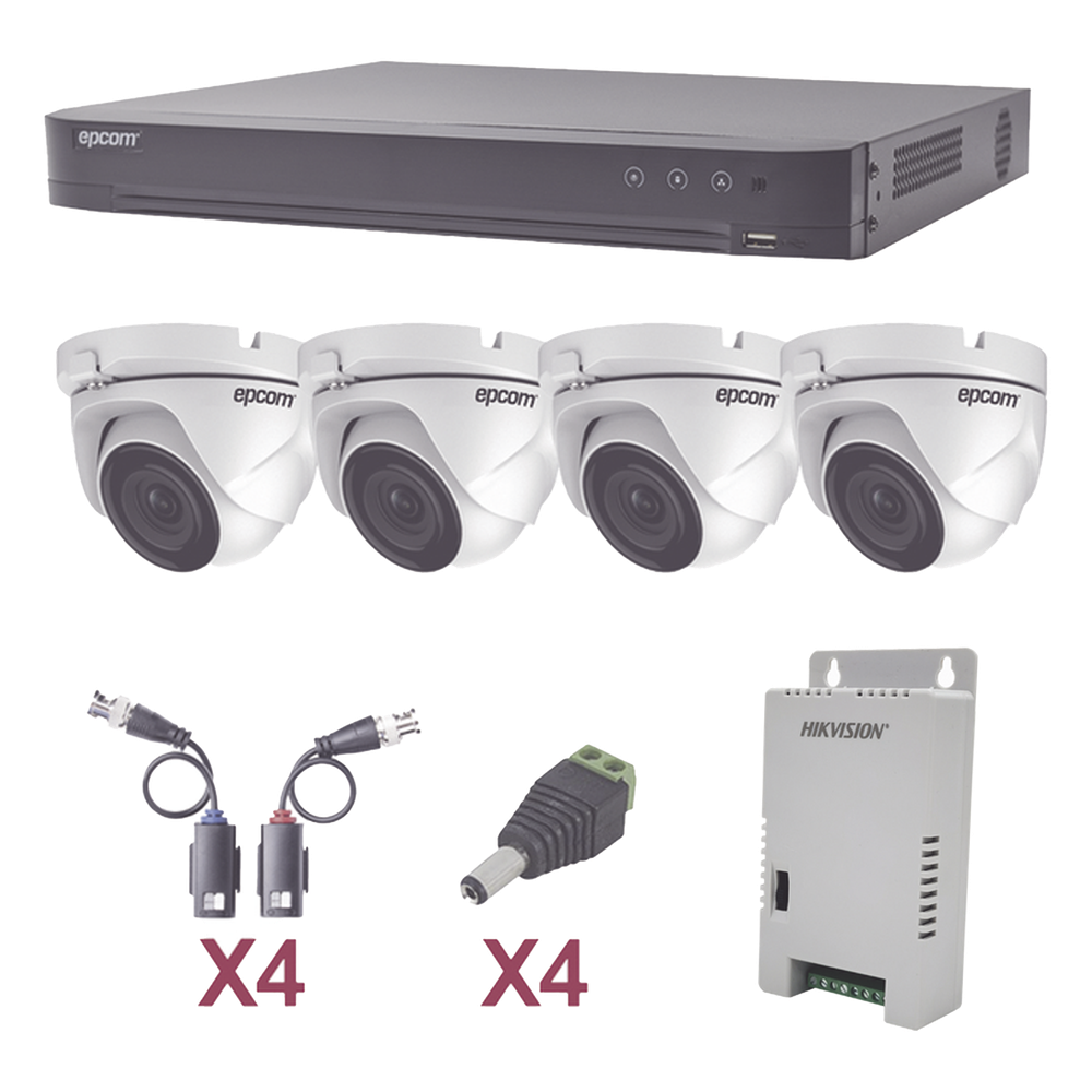 KIT TurboHD 1080p / DVR 4 Canales / 4 Cámaras Eyeball (exterior 2.8 mm) / Transceptores / Conectores / Fuente de Poder Profesional