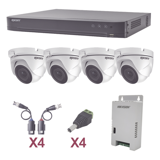 KIT TurboHD 1080p / DVR 4 Canales / 4 Cámaras Eyeball (exterior 2.8 mm) / Transceptores / Conectores / Fuente de Poder Profesional