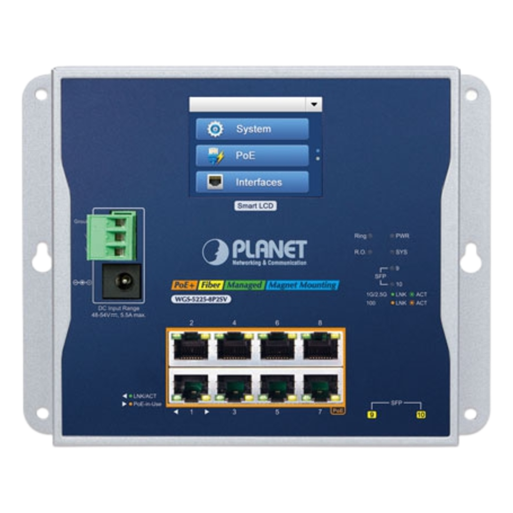Switch Industrial Flat-Type 8 Puertos Gigabit C/PoE 802.3at, 2 Puertos SFP, LCD