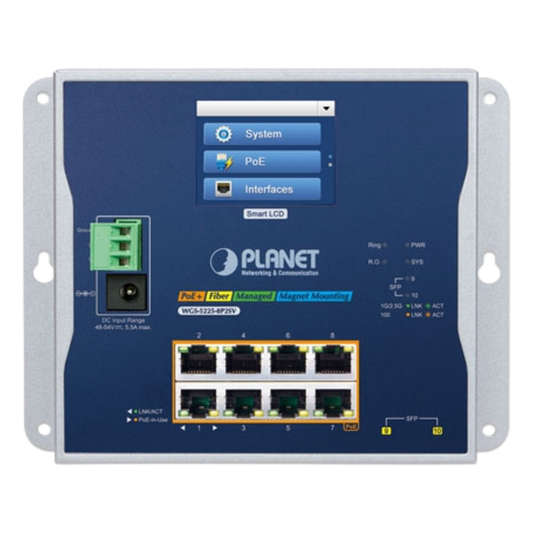 Switch Industrial Flat-Type 8 Puertos Gigabit C/PoE 802.3at, 2 Puertos SFP, LCD