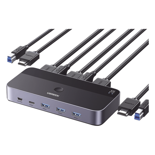 Conmutador KVM HDMI 4K | HDMI 2.0 | 2 Entradas 1 Salida | 4 Puertos USB 3.0 (3 USB-A *1 USB-C) | Soporta 4K@60Hz | HDR | Indicador Led | Compatible Win, MacOs y Linux | Carcasa de Aluminio.