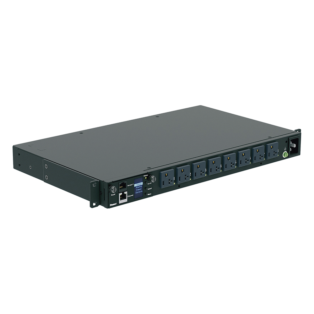 PDU Switchable y Monitoreable por Toma (MS) para Distribución de Energía, Enchufe de Entrada NEMA 5-15P, Con 8 Salidas 5-20R, Horizontal 19in, 120 Vca, 15 Amp, 1UR