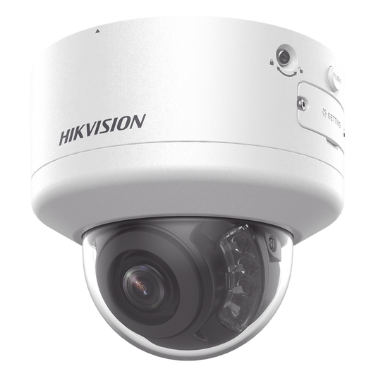 Domo IP 4 Megapixel / Lente Mot. 2.7 a 13.5 mm / Dual Light (40 mts IR + 40 mts Luz Blanca  / Exterior IP66 / IK10  / Audio y Alarma I/O / PoE+ / ONVIF / Micro SD / 4 Analíticos: AcuSense, Deteccion Facial, Conteo de Personas por Cruce y Zona