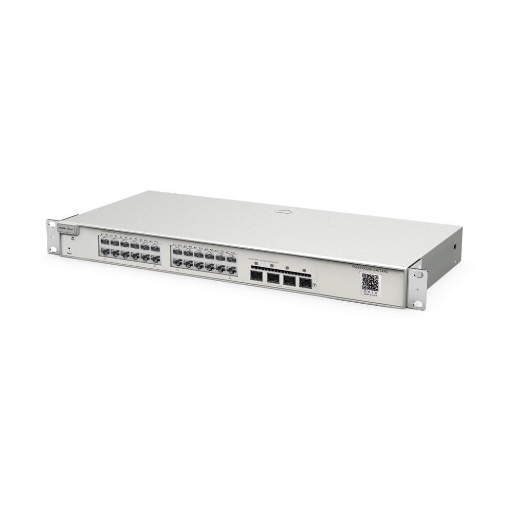 Switch Administrable Capa 2+ Plus, con 24 puertos Gigabit, 4 puertos SFP+ para fibra 10Gb, gestión gratuita desde la nube.