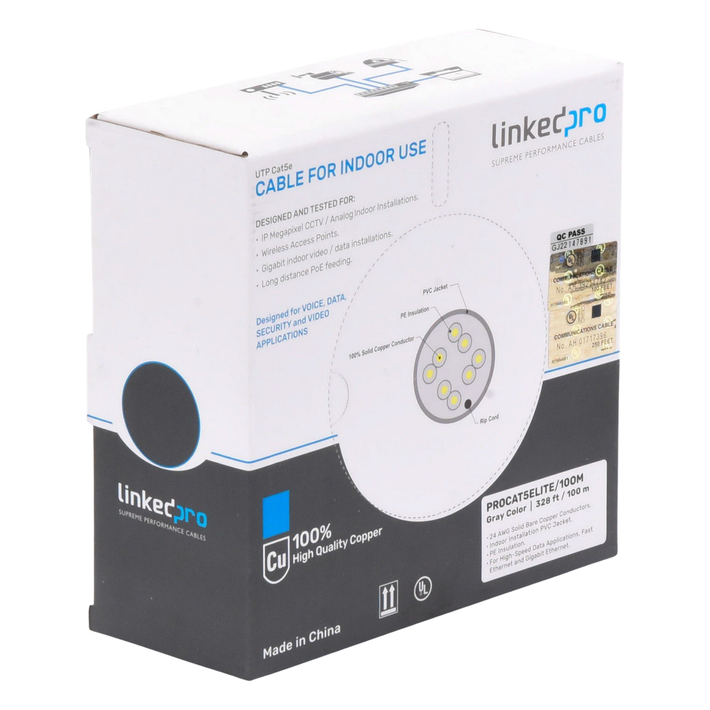 Bobina de Cable de 100 Metros (328.08 Pies), Cat5e, 24 AWG, Color Gris, UL, para Aplicaciones en Videovigilancia, Redes de Datos. Uso Interior