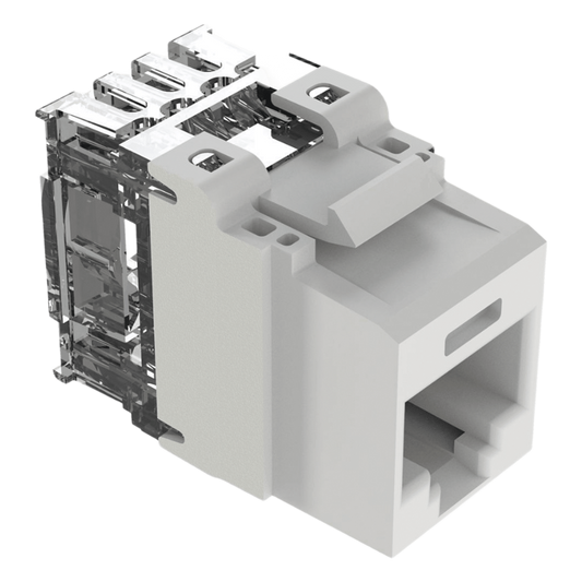 Conector Jack Estilo 110 (de Impacto), Tipo Keystone, Categoría 6A, de 8 Posiciones y 8 Cables, Color Blanco