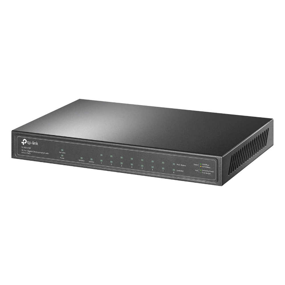 Switch de escritorio PoE+, no Administrable 8 puertos 10/100/1000 Mbps + 1 puertos 10/100/1000 Mbps (Uplink) + 1 puerto SFP, 63W