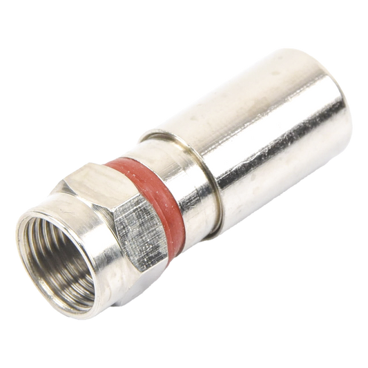 Conector F Macho de Compresión, Metálico para cable RG-6, Cuerpo de Bronce Niquelado.