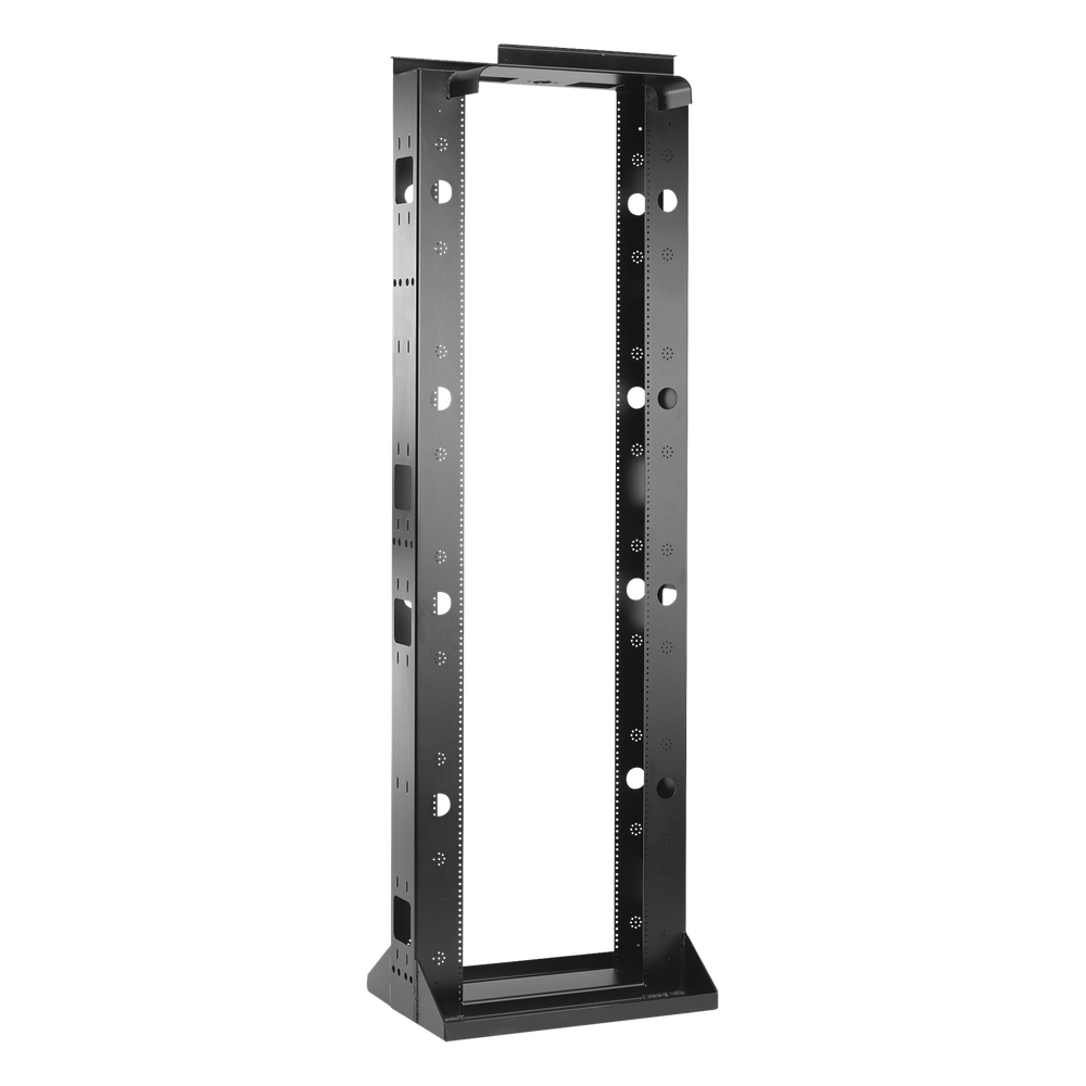 Rack Abierto Sísmico de 2 Postes Estándar de 19 in / 45U / 2.19 m (7.2 ft) de Altura / Capacidad 2,500 lb (1,134 kg) / Acero Calibre 10 (3.4 mm) / Certificación NEBS Zona 4 y OSHPD / Negro RAL 9005