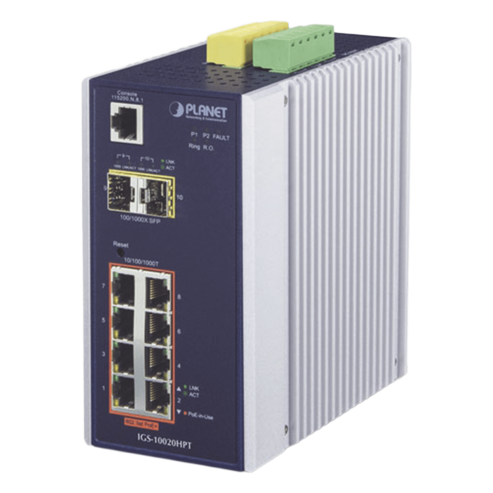 Switch Industrial Administrable Capa 2, 8 puertos PoE Gigabit 802.3af/at, 2 Puertos SFP de 1 / 2.5 Gigabit, Entrada de Voltaje Secundaria para Fuente Redundante