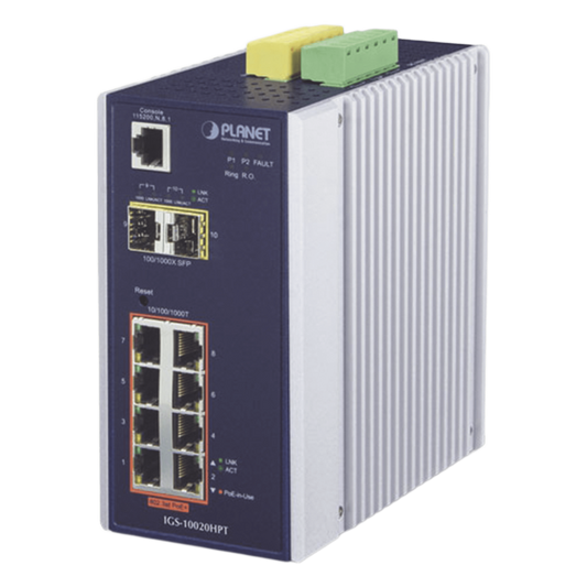 Switch Industrial Administrable Capa 2, 8 puertos PoE Gigabit 802.3af/at, 2 Puertos SFP de 1 / 2.5 Gigabit, Entrada de Voltaje Secundaria para Fuente Redundante