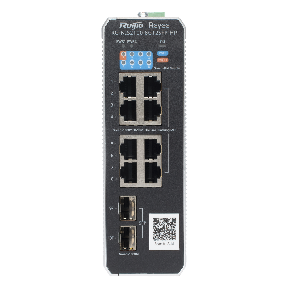 Switch Industrial PoE+ hasta 300 watts , Ideal para temperaturas Extremas y protección contra descargas, 1 puerto PoE++ 60W y 7 puertos PoE+ 30W, 2 SFP Uplink