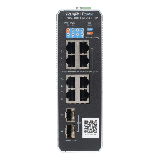 Switch Industrial PoE+ hasta 300 watts , Ideal para temperaturas Extremas y protección contra descargas, 1 puerto PoE++ 60W y 7 puertos PoE+ 30W, 2 SFP Uplink