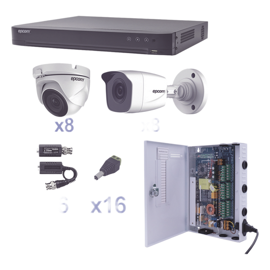KIT TurboHD 1080p / DVR 16 Canales / 8 Cámaras Bala (exterior 2.8 mm) / 8 Cámaras Eyeball (exterior 2.8 mm) / Transceptores / Conectores / Fuente de Poder Profesional