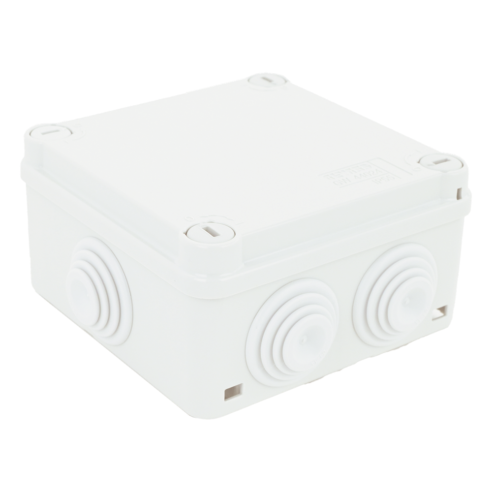 Caja Estanca de PVC Para Derivación y Conexión, 6 Entradas, Tapa con Tornillo de 1/4" de Vuelta, 100x100x50 mm (Área Interna), Uso Exterior IP55, Material que no Propaga el Fuego y Libre de Hálogenos