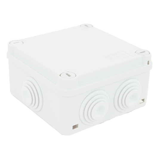Caja Estanca de PVC Para Derivación y Conexión, 6 Entradas, Tapa con Tornillo de 1/4" de Vuelta, 100x100x50 mm (Área Interna), Uso Exterior IP55, Material que no Propaga el Fuego y Libre de Hálogenos